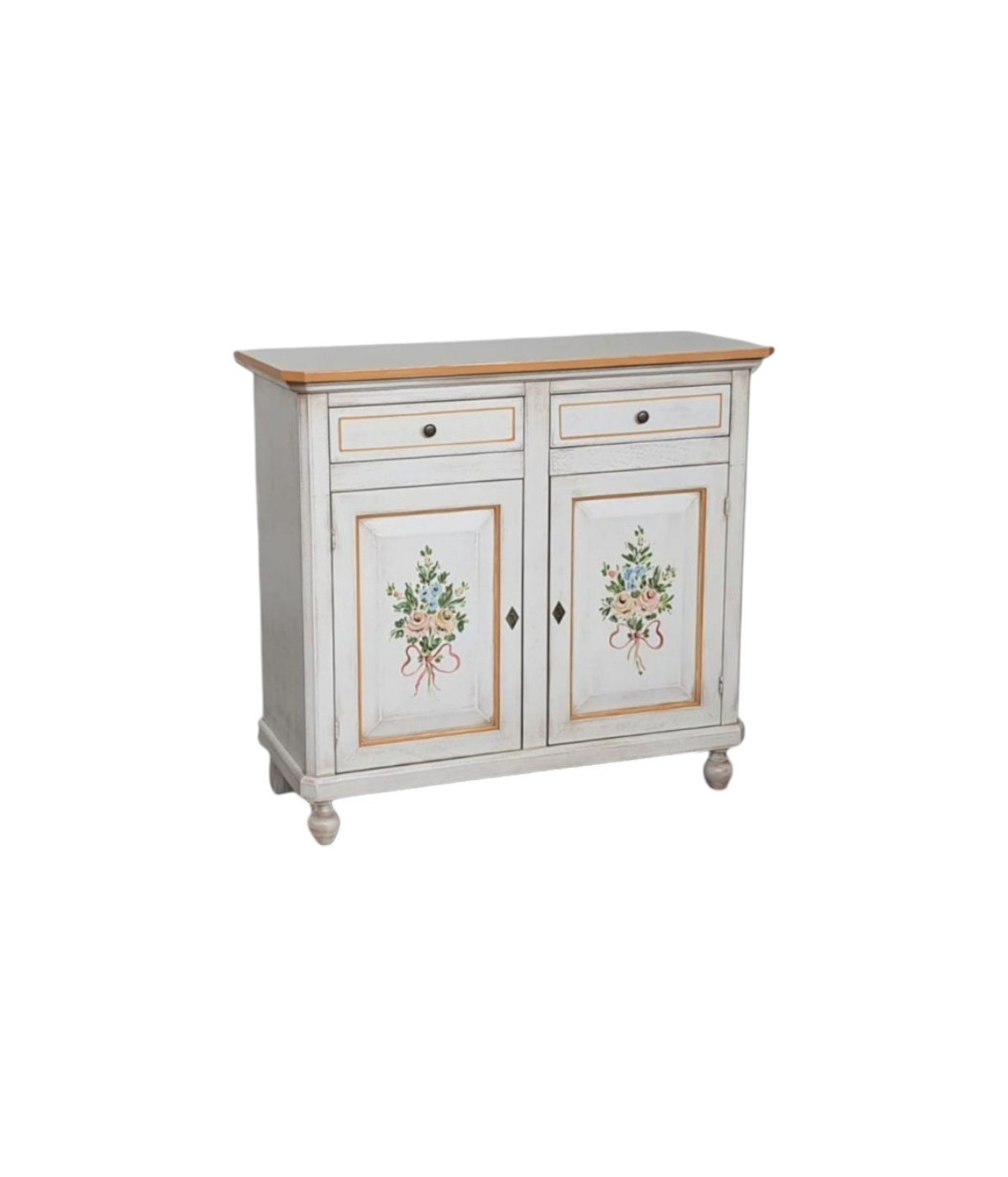 MOBILI 2G - Credenza 2 porte legno shabby bianco anticato filo arancione decori 105X45X98 vista frontale