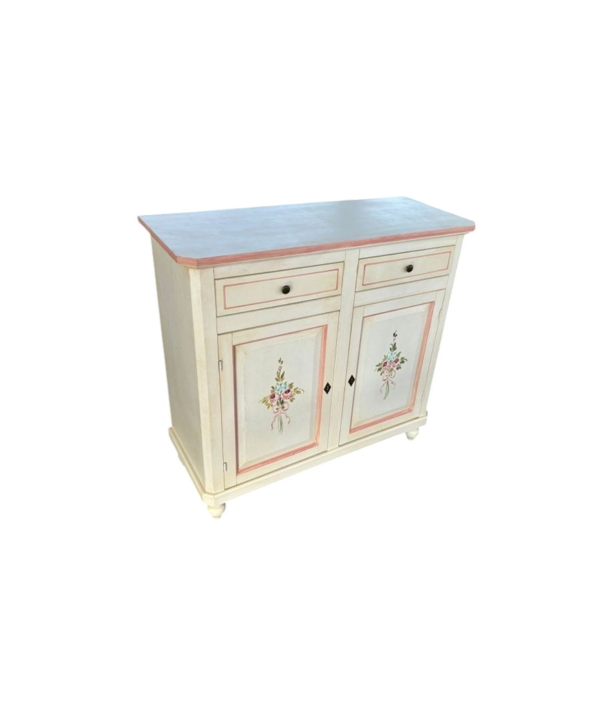 MOBILI 2G - Credenza 2 porte legno shabby bianco anticato filo rosa decori 105X45X98 vista frontale