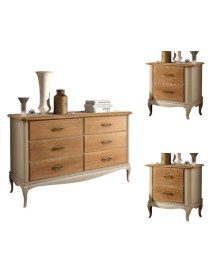 Gruppo cassettiera e due comodini legno shabby bicolore noce grano tortora patinato