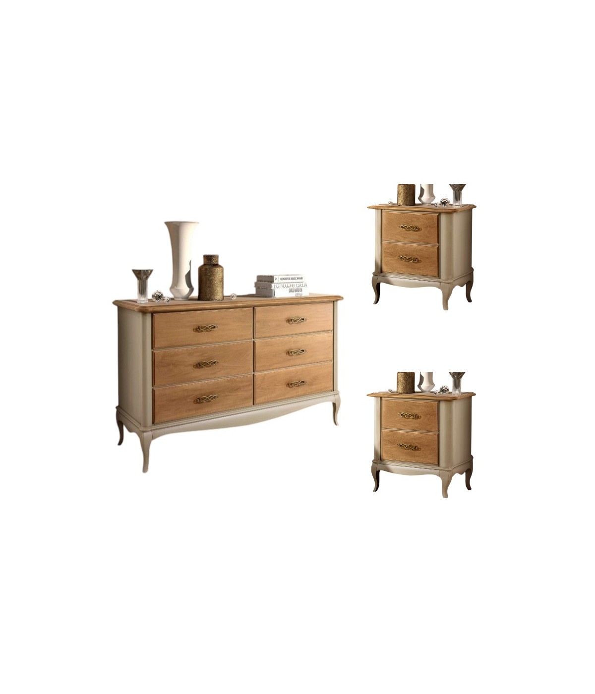 Gruppo cassettiera e due comodini legno shabby bicolore noce grano tortora patinato