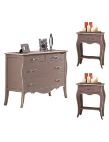 MOBILI 2G -  Gruppo cassettiera e due comodini legno shabby tortora filo avorio (1479+1480) vista frontale