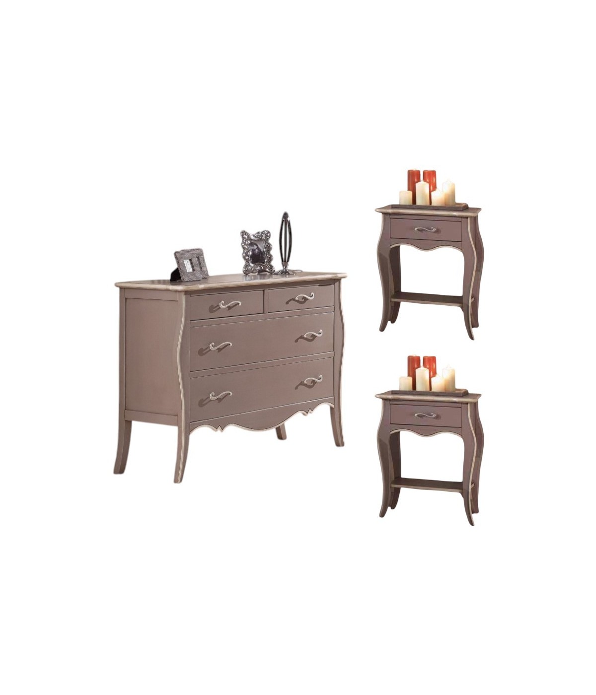 MOBILI 2G -  Gruppo cassettiera e due comodini legno shabby tortora filo avorio (1479+1480) vista frontale