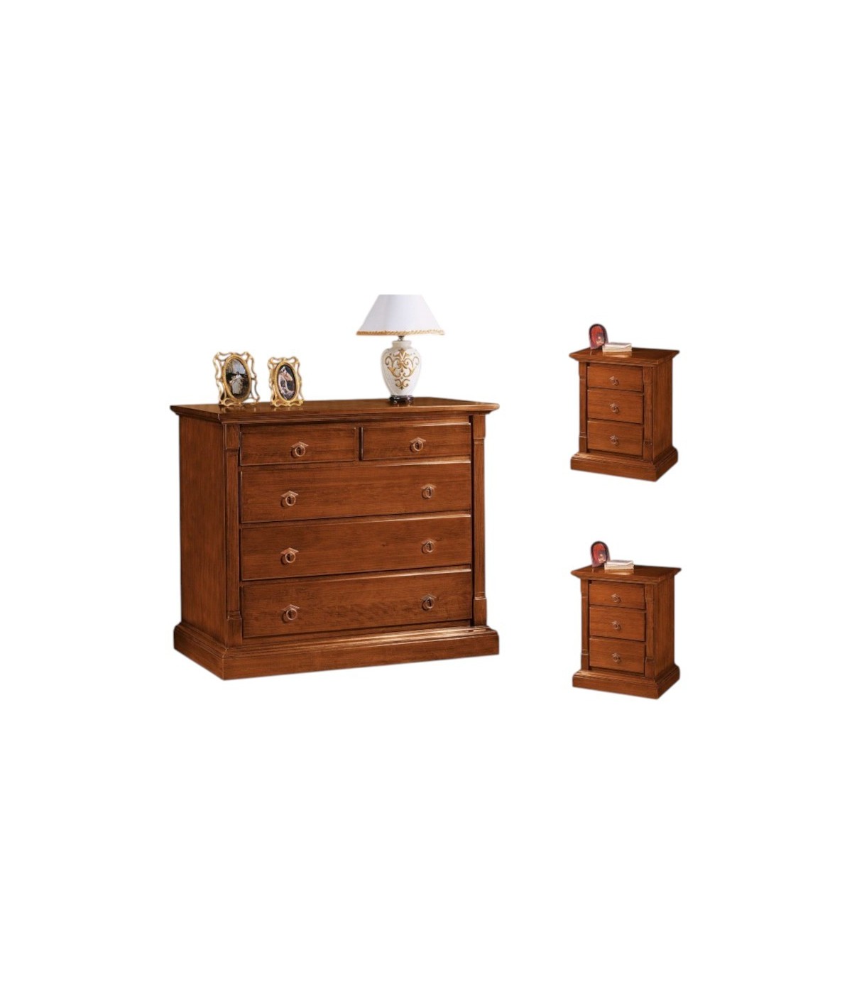 MOBILI 2G - Gruppo 1 Cassettiera 2 Comodini legno arte povera capitello tinta noce (415+416) vista frontale