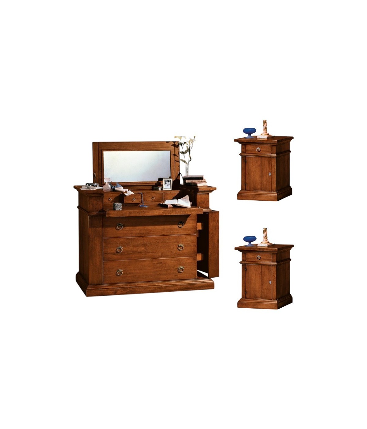 MOBILI 2G - Gruppo 1 Cassettiera 2 Comodini legno arte povera tinta noce (530+531) vista frontale