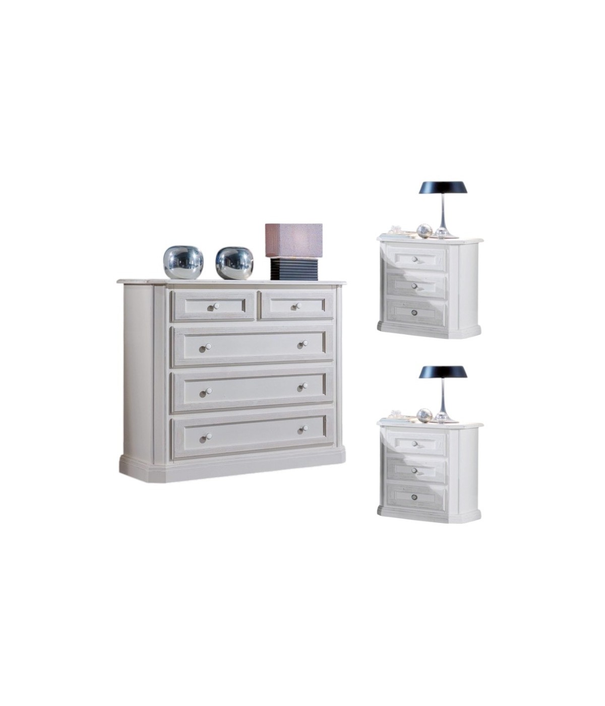 MOBILI 2G -  Gruppo cassettiera e due comodini legno shabby bianco spazzolato vista frontale