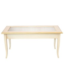 MOBILI 2G - Tavolino bacheca shabby legno avorio anticato filo oro 100x50x47 vista frontale