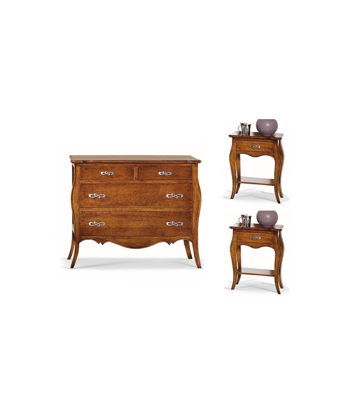 MOBILI 2G - Gruppo 1 cassettiera 2 comodini sagomati classico tinta noce (488+489) vista frontale