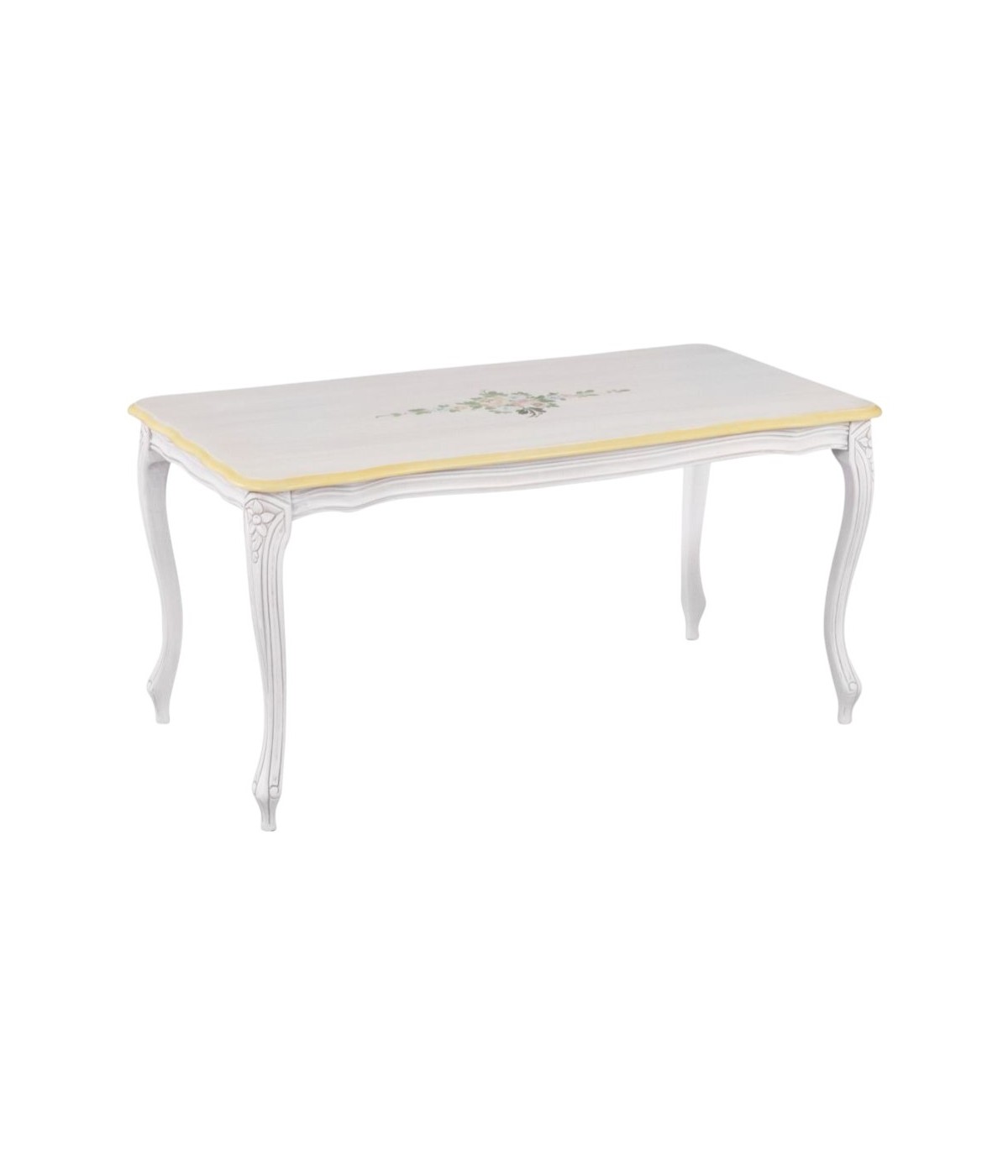 MOBILI 2G - Tavolino shabby legno bianco anticato decorato filo ocra 100x50x50 VISTA FRONTALE