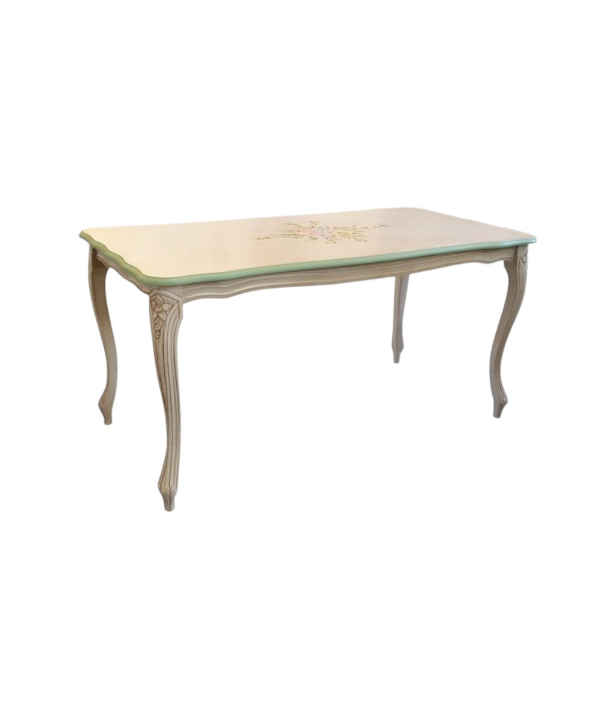 MOBILI 2G - Tavolino shabby legno bianco anticato decorato filo verde 100x50x50 vista frontale