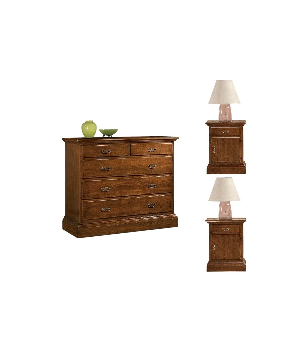 MOBILI 2G - Gruppo 1 Cassettiera 2 Comodini legno arte povera tinta noce vista frontale