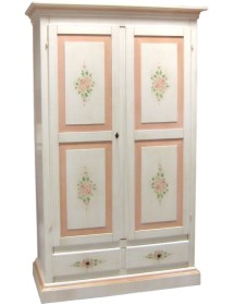 MOBILI 2G - Armadio 2 porte 2 cassetti shabby bianco anticato filo rosa 125X60X200 vista frontale