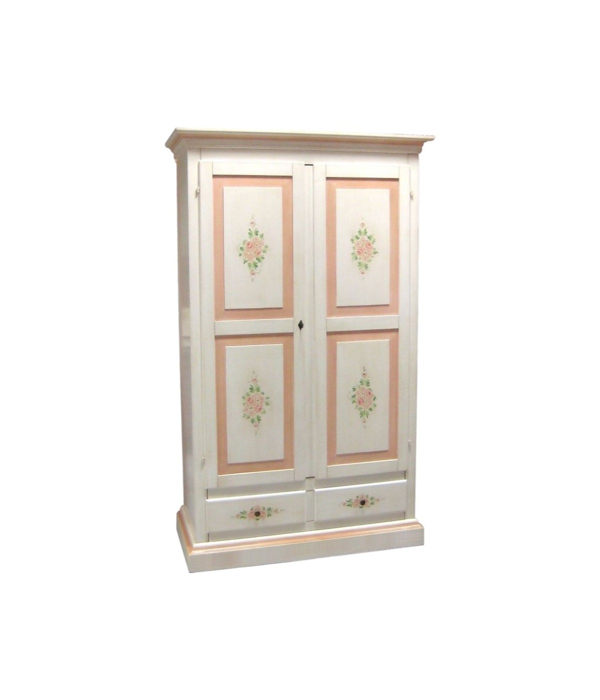 MOBILI 2G - Armadio 2 porte 2 cassetti shabby bianco anticato filo rosa 125X60X200 vista frontale