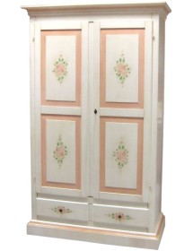 MOBILI 2G - Armadio 2 porte 2 cassetti shabby bianco anticato filo rosa 125X60X200 vista frontale