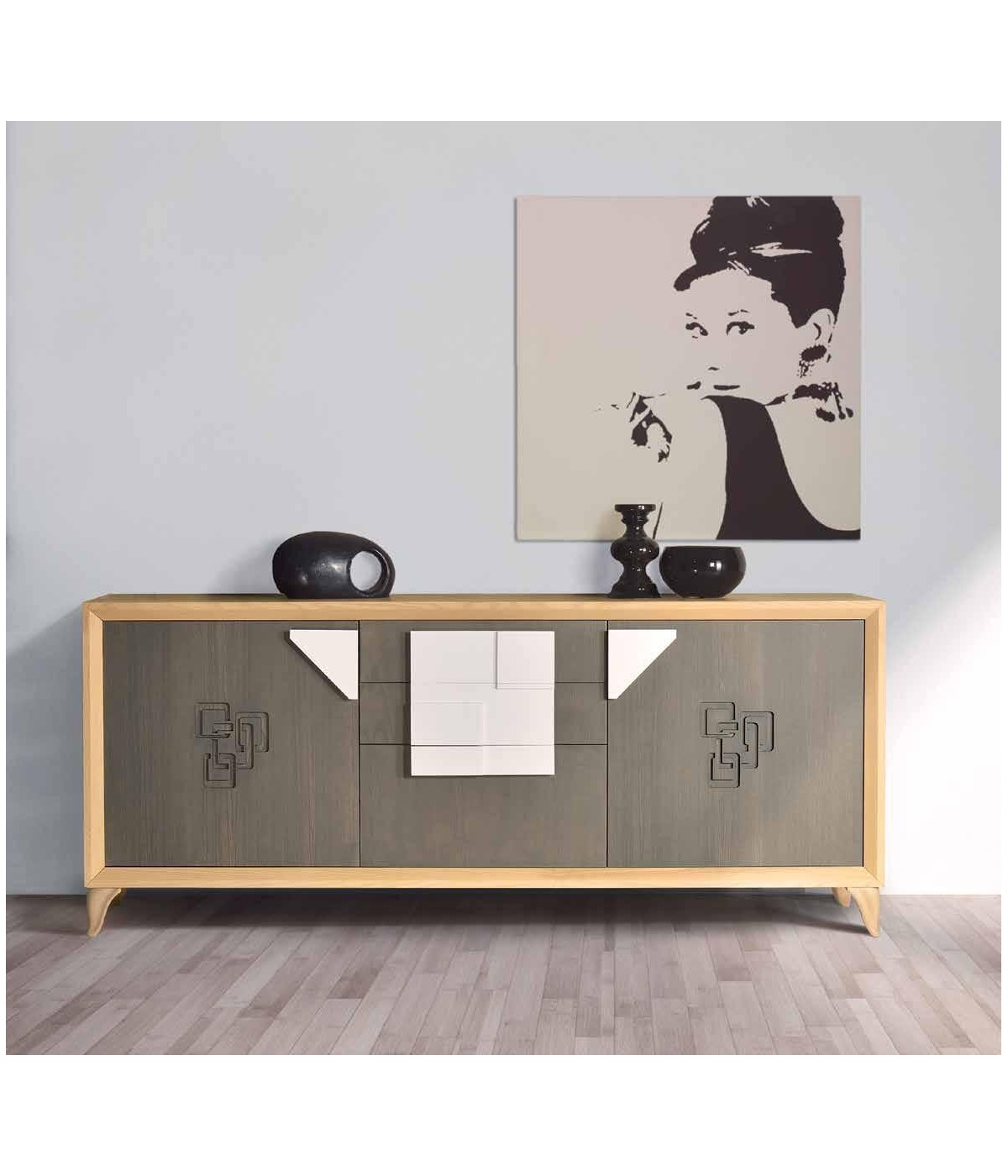 CREDENZA FRASSINO ANTRACITE PORO APERTO 2 PORTE CON PIEDI A SCIABOL...