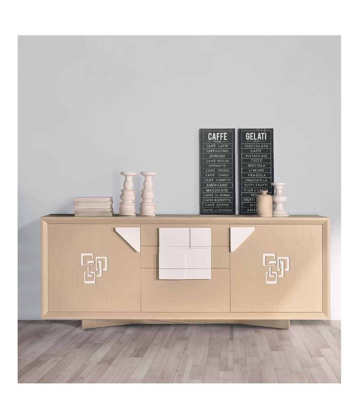 MOBILI 2G - CREDENZA FRASSINO LACCATO ONICE PORO APERTO 2 PORTE PIEDI IN PLEXIGLASS L.210 P.50 H.90