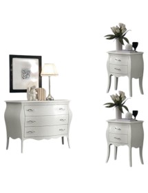 MOBILI 2G - Gruppo 1 Cassettiera 2 Comodini bombati legno shabby bianco maniglia cromata vista frontale
