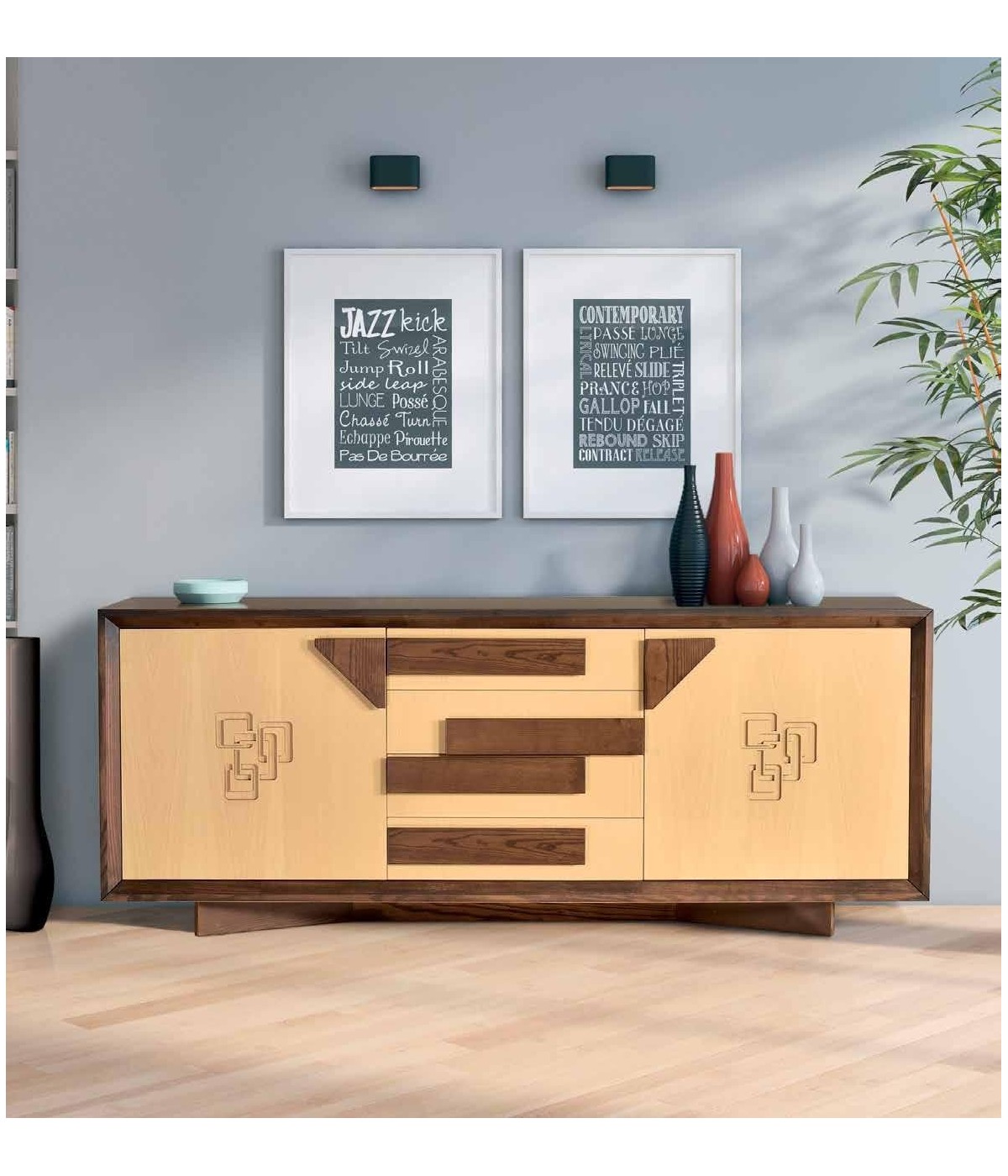 MOBILI 2G - CREDENZA FRASSINO TABACCO PORO APERTO 2 PORTE CON PIEDI IN PLEXIGLASS L.210 P.50 H.90