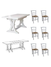 MOBILI 2G - Set tavolo fratino bianco 160X85 180x85 180x100 arte povera allungabile con 6 sedie legno seduta paglia