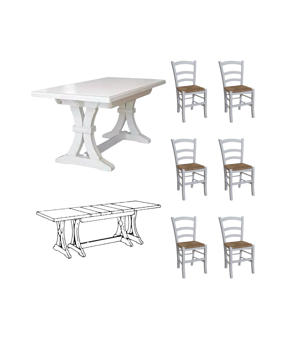 MOBILI 2G - Set tavolo fratino bianco 160X85 180x85 180x100 arte povera allungabile con 6 sedie legno seduta paglia