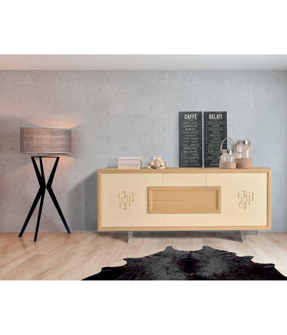 CREDENZA FRASSINO LACCATO AVORIO PORO APERTO 2 PORTE CON PIEDI IN P...
