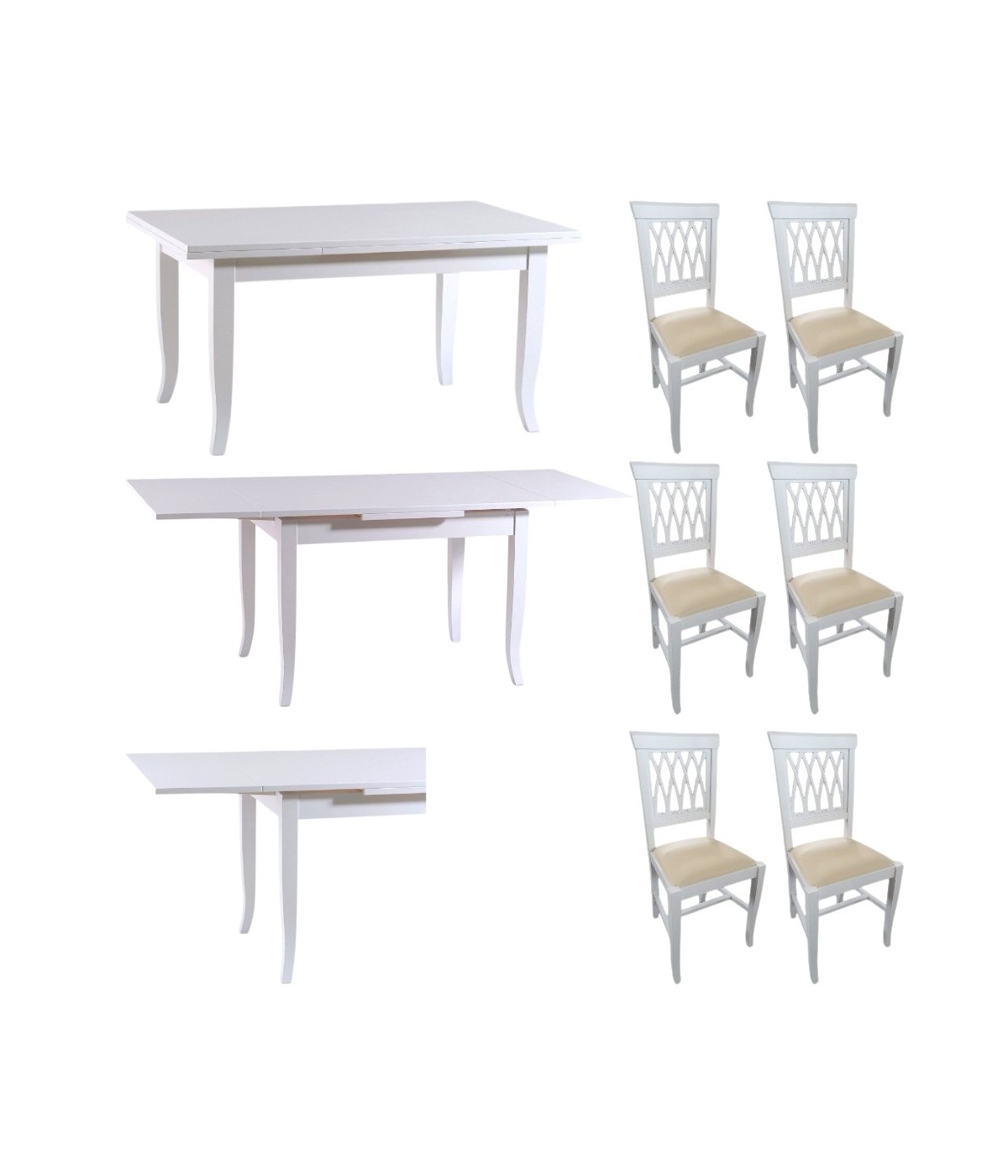 MOBILI 2G - Set tavolo rettangolare shabby 100x70 120x80 140x80 160x85 allungabile con 4/6 sedie imbottite ecopelle