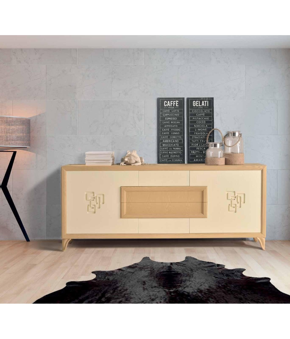 CREDENZA IN FRASSINO 2 PORTE FINITURA TABACCO PORO APERTO CON PIEDI...